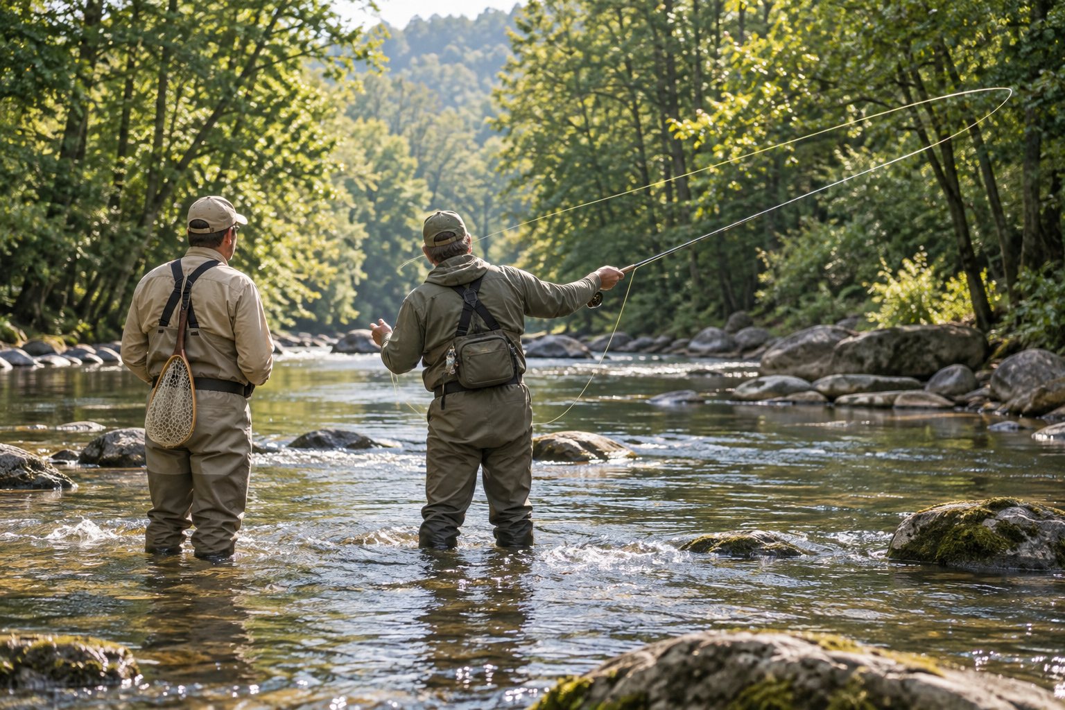 Illustrative riverside fly casting lesson