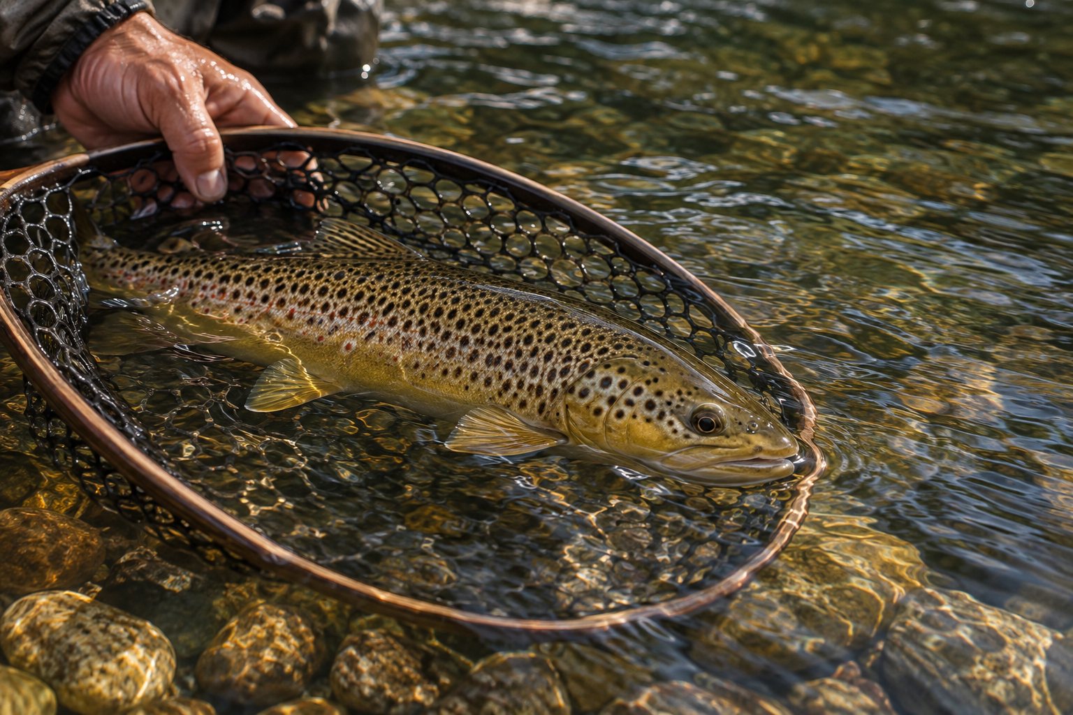 Illustrative brown trout in a submerged landing net